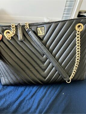 Victoria's Secret Black Quilted Shoulder Bag with Gold Chain Accents
